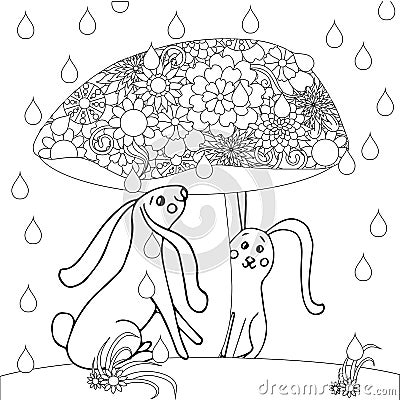 Hare under mushroom. Cute funny cartoons hand drawn art design stock vector illustration Vector Illustration